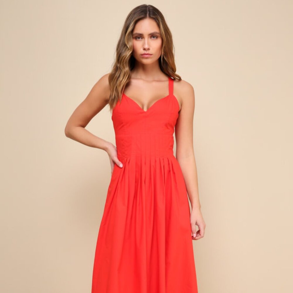 Lulus Strolling Sicily Red Pleated Backless Midi Dress With Pockets - Size S